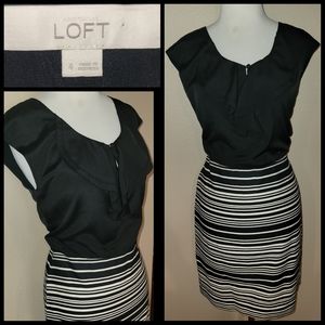 LOFT Black/Ivory striped skirt, solid black sheer top, striped Ruffle Dress sz 4